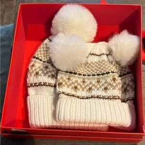 Cozy Knit Pom-Pom Hat Set White and Brown